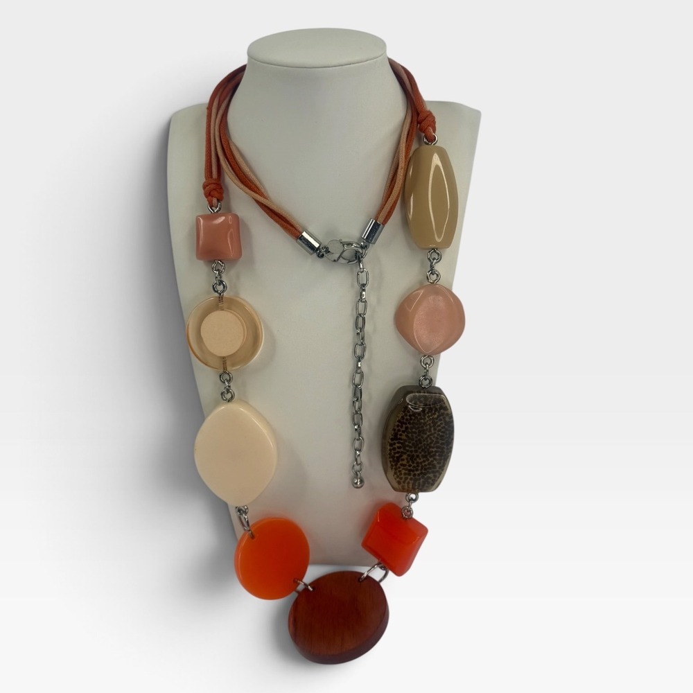 Chico's Chunky Statement Necklace Orange Tan Leopard Print Resin Wood Beads Boho
